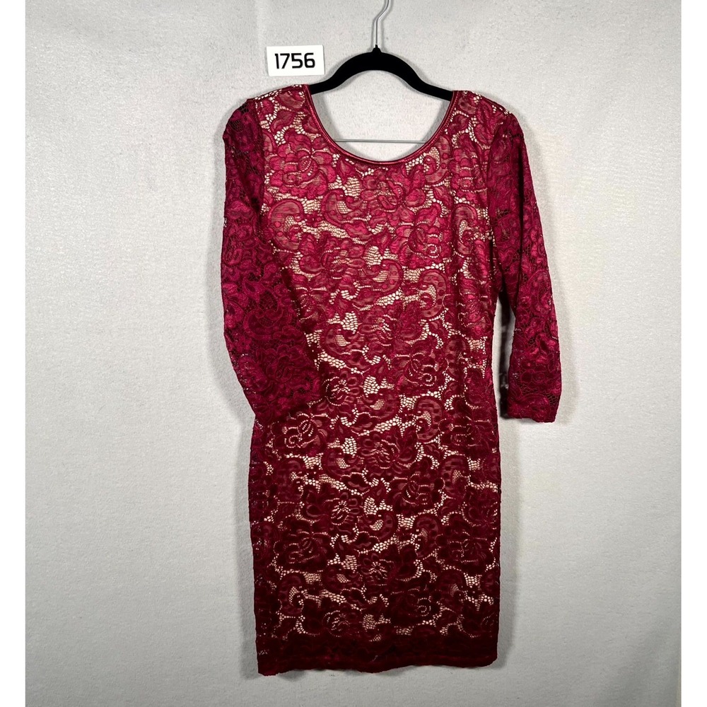 Crystal Doll Mini Bodycon Dress Womens Large Burgundy Floral Lace 3/4 Sleeve